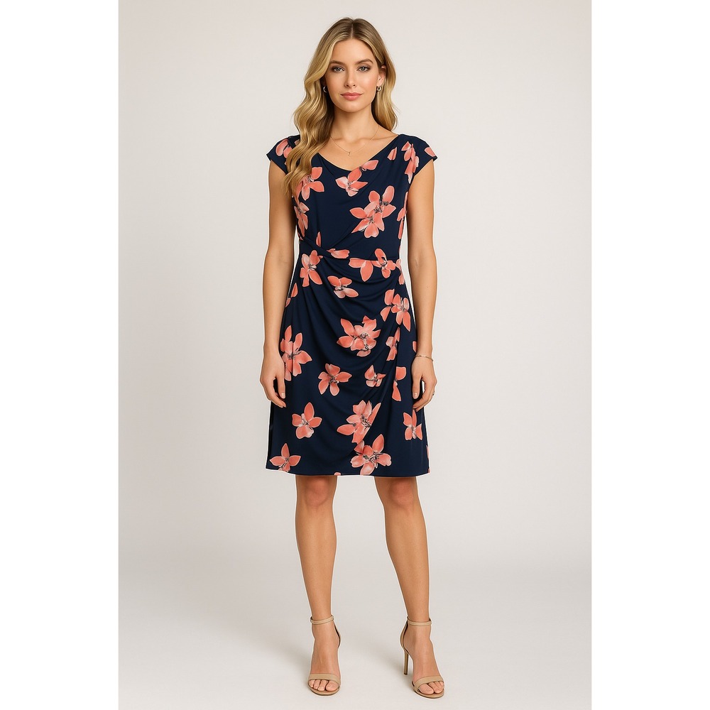Womens Sheath Dress 16 Blue Floral Ruched Draped Classic Office Elegant Formal‎